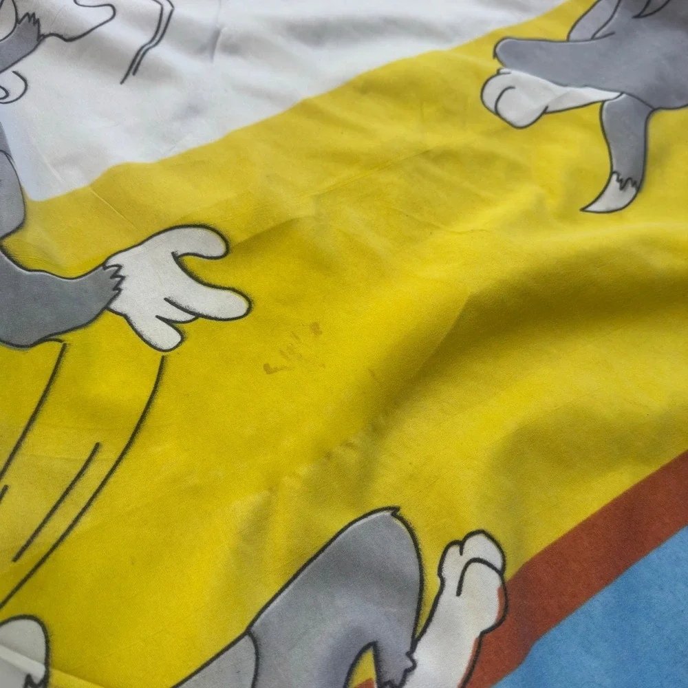Vintage 90s Abram Dyers Tom and Jerry 2 Sheets Flat + Pillowcase Set Blue g5a